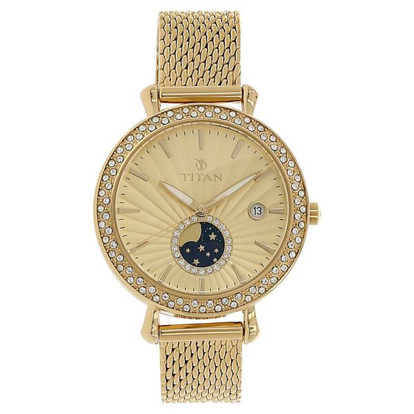Titan Quartz Analog Moonphase Champagne Dial Stainless Steel Strap Watch for Women - image number 0