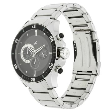Fastrack Big Time Quartz Chronograph Black Dial Stainless Steel Strap Watch for Guys