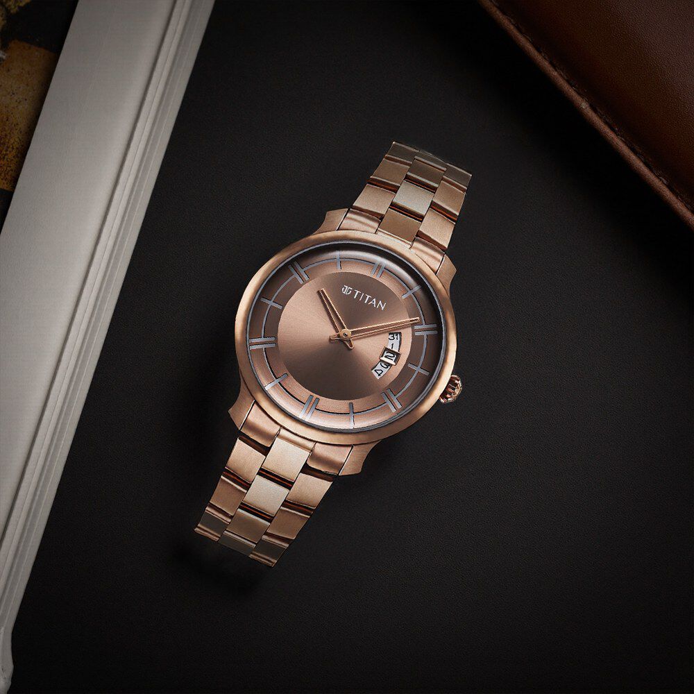Titan Clasique Slim Quartz Analog with Date Coffee Brown Dial Stainless Steel Strap Watch For Men-picture-10
