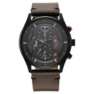 Fastrack Opulence Sun Moon Chronograph Black Dial Brown Leather Strap Analog Quartz Watch For Guys