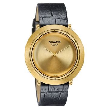 Sonata Sleek Champagne Dial Gold-Tone Leather Strap Watch