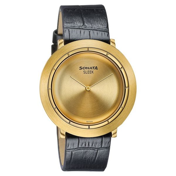 Sonata Sleek Champagne Dial Gold-Tone Leather Strap Watch - image number 1