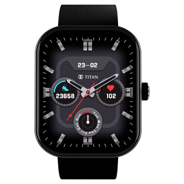 Titan Mirage with 4.97 cm AMOLED Display and AOD, Functional Crown, BT Calling Smartwatch with Black Leather Strap - image number 0