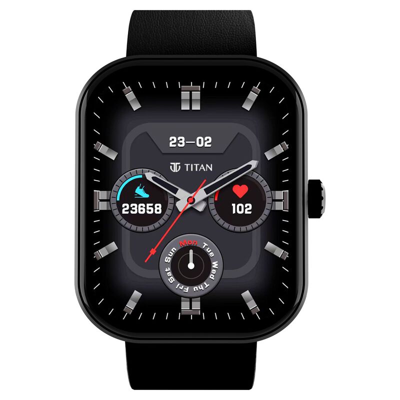 Titan Mirage with 4.97 cm AMOLED Display and AOD, Functional Crown, BT Calling Smartwatch with Black Leather Strap
