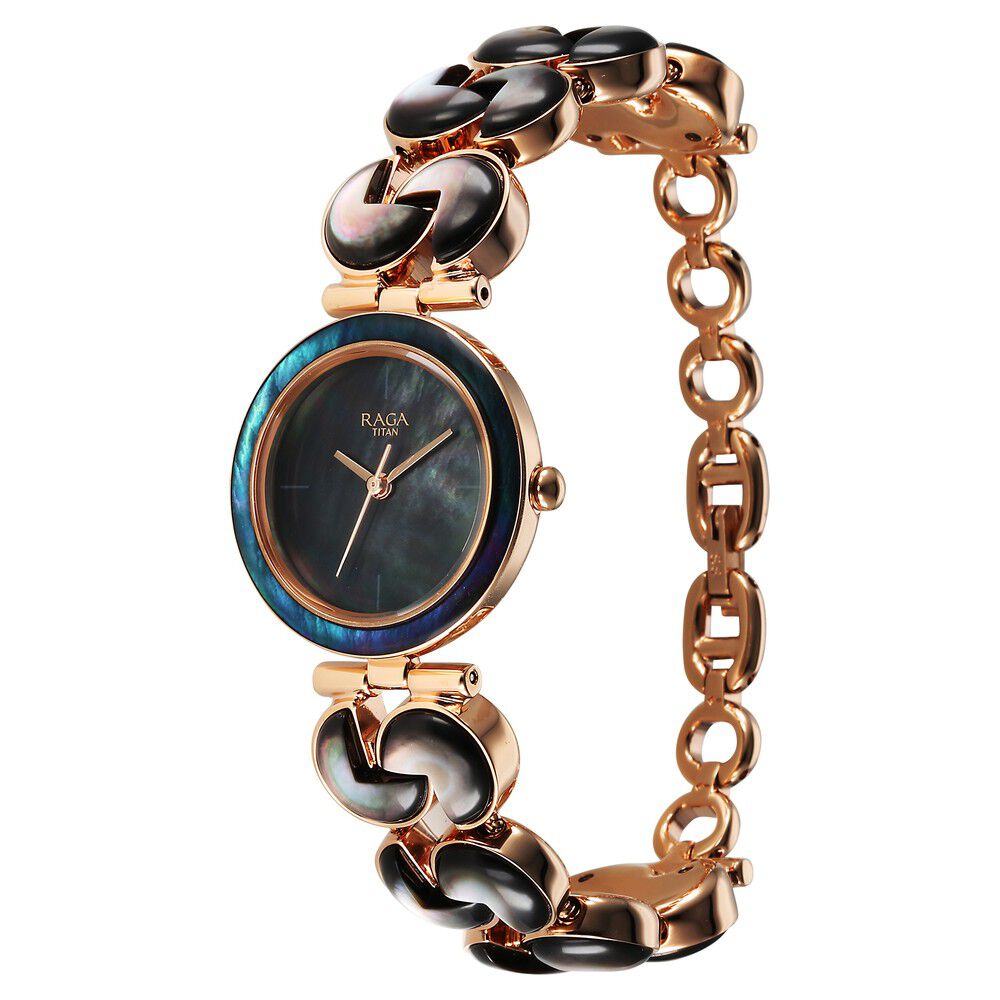 Buy Online Titan Raga Black Pearl Quartz Analog Mother Of Pearl Dial Metal Strap Watch For Women 95233wm02f Titan