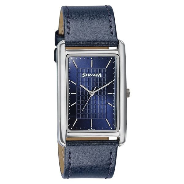 Sonata Ascent Blue Rectangular Watch with Blue Leather Strap - image number 1