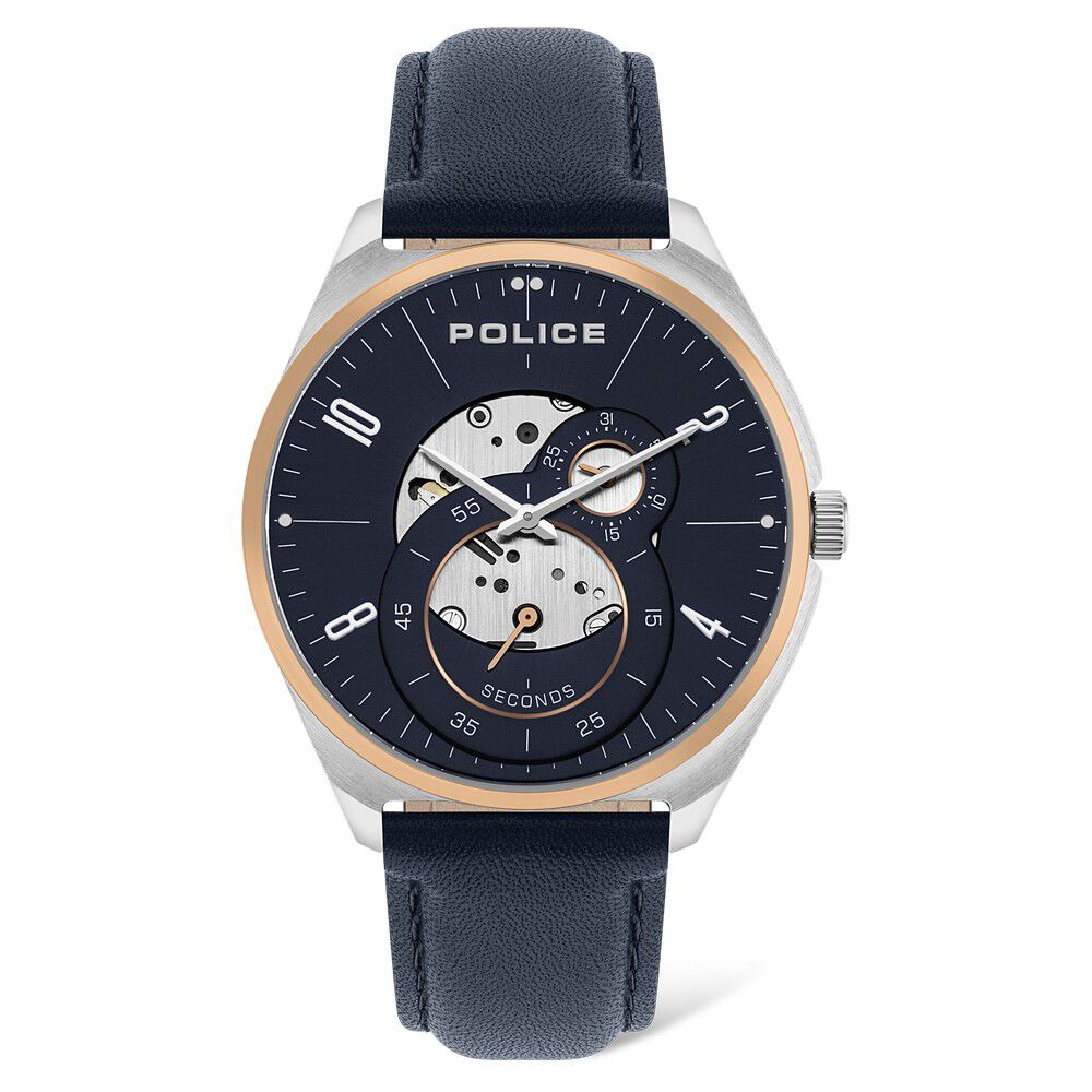 Police Mechanical Blue Dial leather Strap Watch for Men