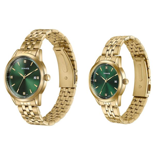 Sonata Jashn Quartz Analog Green Dial Golden Metal Strap Watch For Couple - image number 2