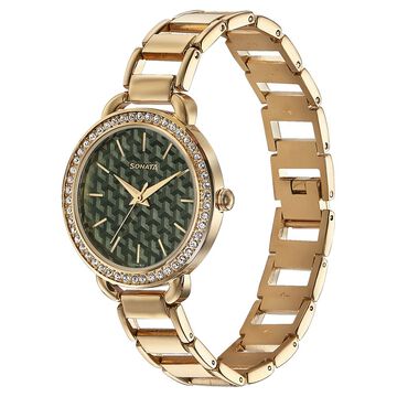 Sonata Wedding Bling Quartz Analog Green Dial Rose Gold Metal Strap Watch for Women