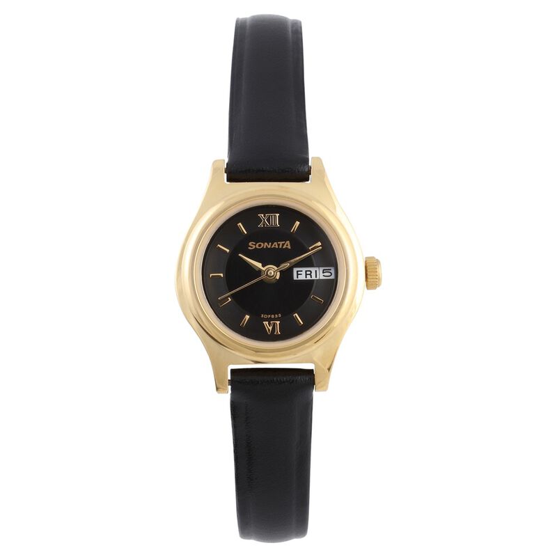 Sonata Quartz Analog with Day and Date Black Dial Leather Strap Watch for Women