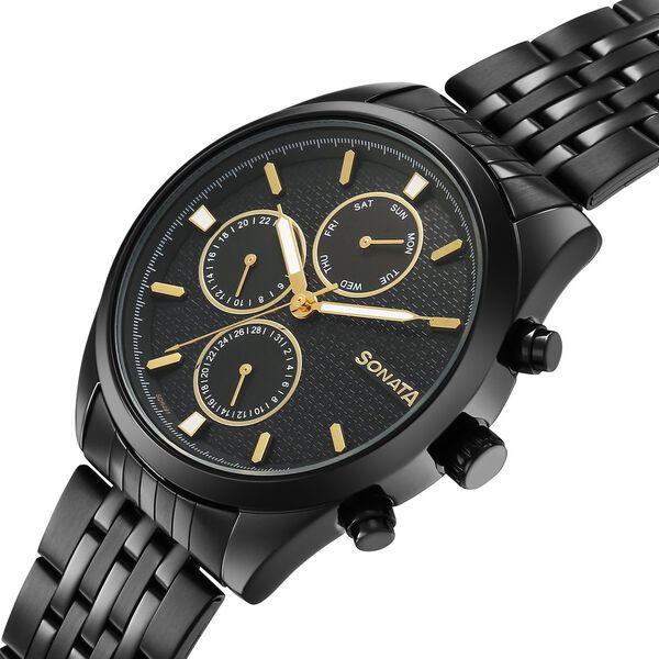 Sonata Magna Quartz Multifunction Black Dial Black Stainless Steel Strap Watch For Men - image number 4