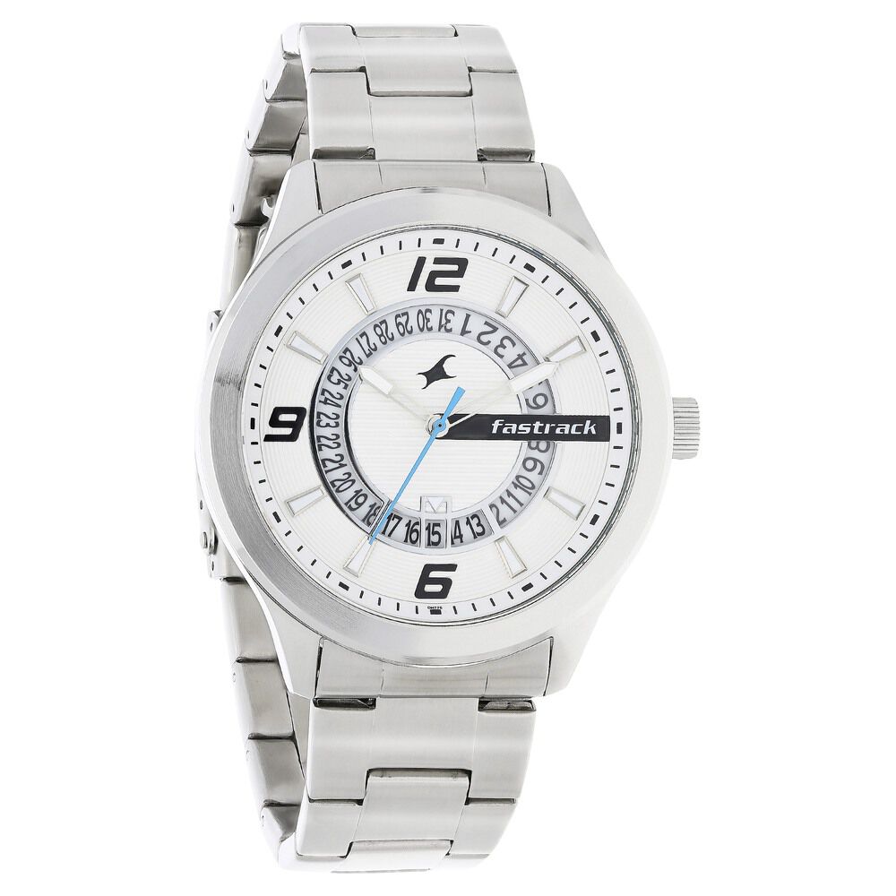Fastrack Loopholes Quartz Analog with Date White Dial Stainless Steel Strap Watch for Guys