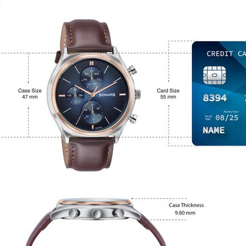 Sonata Festive Quartz Multifunction Blue Dial Brown Leather Strap Watch For Men
