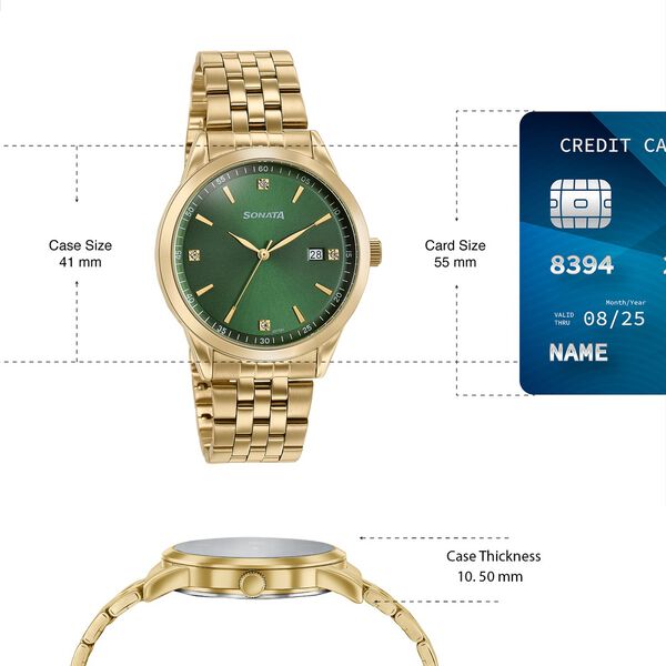 Sonata Jashn Quartz Analog Green Dial Golden Metal Strap Watch For Couple - image number 3