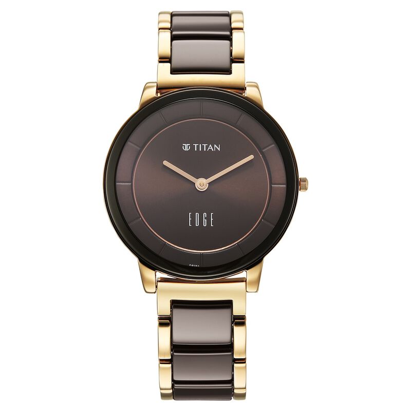 Titan Edge Melange Quartz Analog Brown Dial Rose Gold Steel & Ceramic Strap Watch For Women
