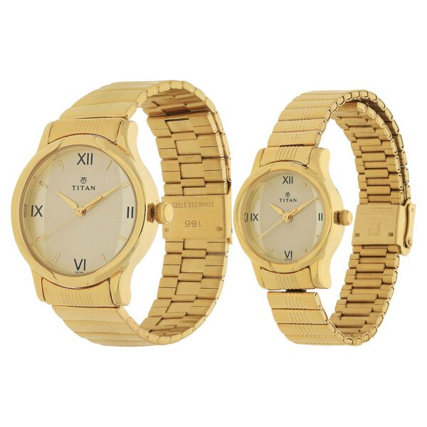 Titan Quartz Analog Champagne Dial Metal Strap Watch for Couple - image number 1
