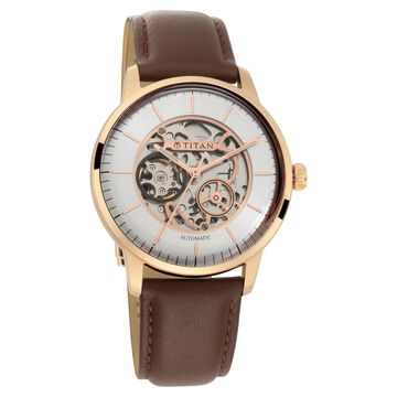 Titan Automatic Silver Dial Brown Leather Strap Watch