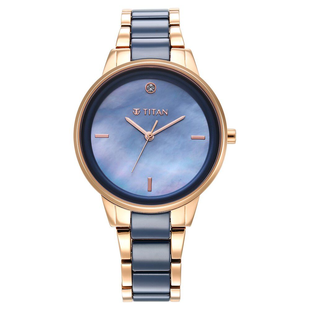Buy Online Titan Purple Ceramics Blue Dial Analog Steel and Ceramic Strap watch for Women ns95213kd03 Titan