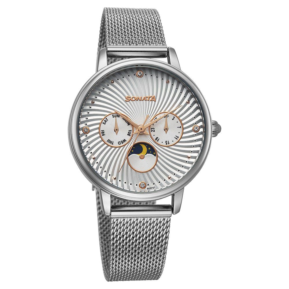 Sonata Festive Quartz Multifunction Silver Dial Metal Strap Watch For Women-picture-16