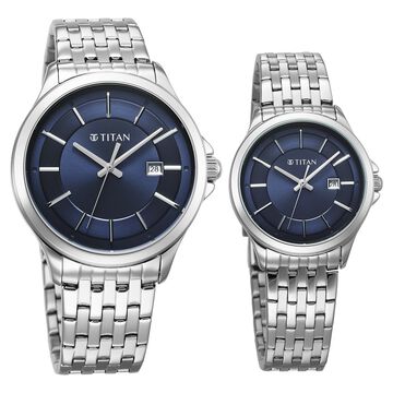 Titan Bandhan Quartz Analog with Date Blue Dial Silver Stainless Steel Strap Watch For Couple