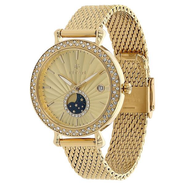 Titan Quartz Analog Moonphase Champagne Dial Stainless Steel Strap Watch for Women - image number 1