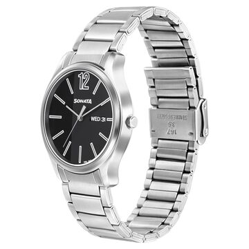 Sonata Quartz Analog with Day and Date Black Dial Stainless Steel Strap Watch for Men