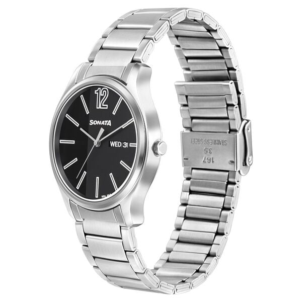 Sonata Quartz Analog with Day and Date Black Dial Stainless Steel Strap Watch for Men - image number 1