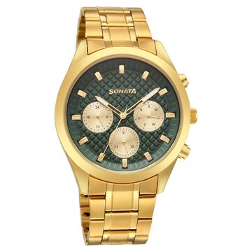Sonata Multifunction Green Dial Golden Metal Strap Watch For Men