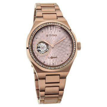 Titan Animalia Rose Gold Dial Automatic Stainless Steel Strap Watch for Women