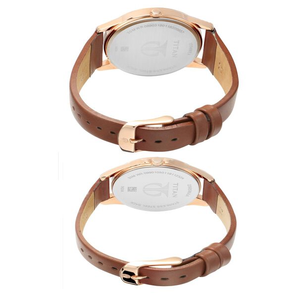 Titan Quartz Analog with Day and Date Silver Dial Leather Strap Watch for Couple - image number 4