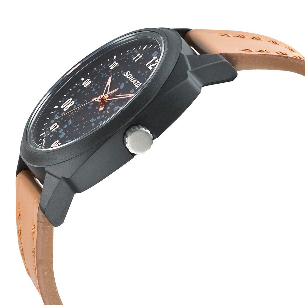 Buy Online Sonata Quartz Analog Black Dial Leather Strap Watch for Men ns77086pl01w Titan