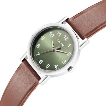 Sonata Classic Quartz Analog Green Dial Brown Leather Strap Watch for Men