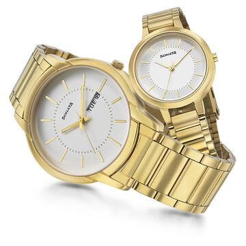 Sonata Quartz Analog White Dial Metal Strap Watch for Couple