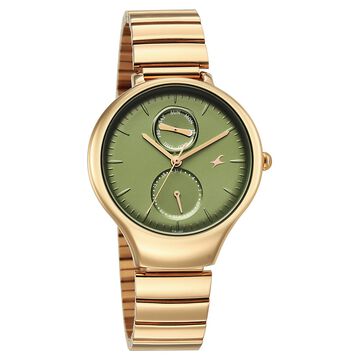 Fastrack Gelato champagne multifunction metal strap watch with Matcha green dial for Girls