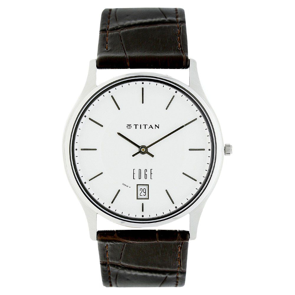 Buy Online Titan Quartz Analog with Date White Dial Leather Strap