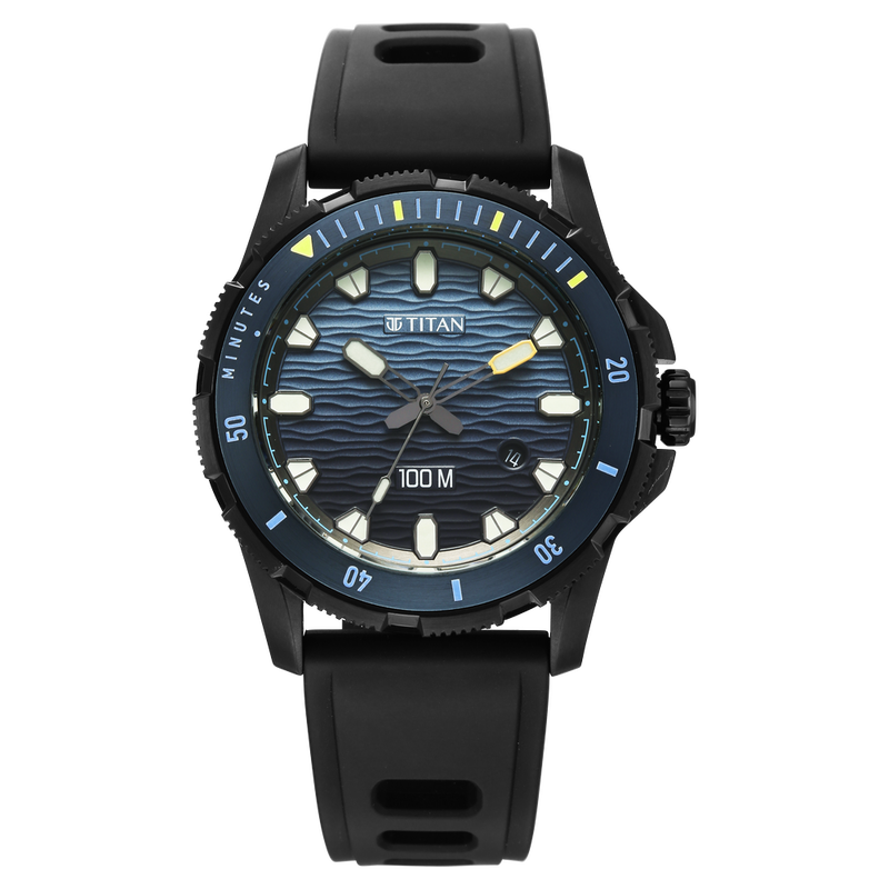 Titan Zero Hour Diver's 100m Analog with Blue Dial Black FKM Strap Watch for Men