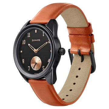 Sonata Women of Steel Black Dial Leather Strap Watch for Women