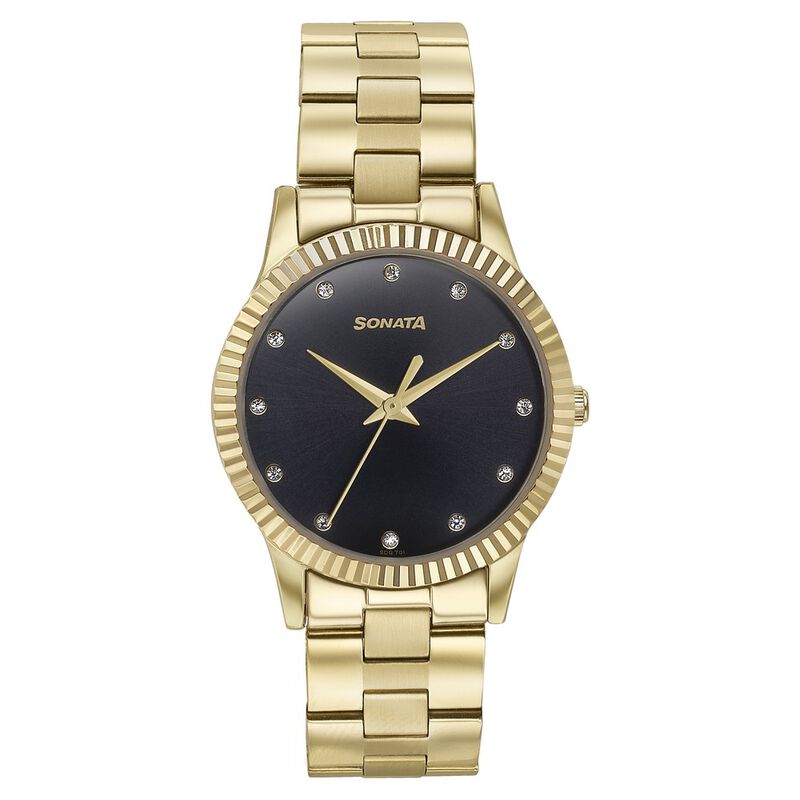 Sonata Glam Gold Quartz Analog Black Dial Stainless Steel Strap Watch For Women