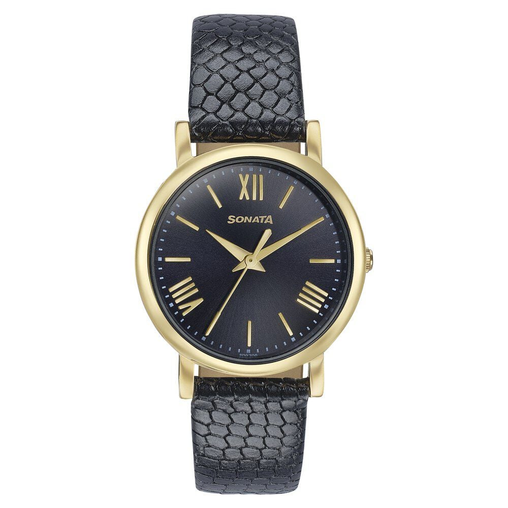 Sonata Glam Gold Quartz Analog Black Dial Leather Strap Watch For Women-picture-30