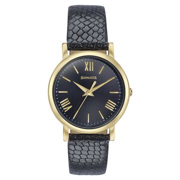 Sonata Glam Gold Quartz Analog Black Dial Leather Strap Watch For Women