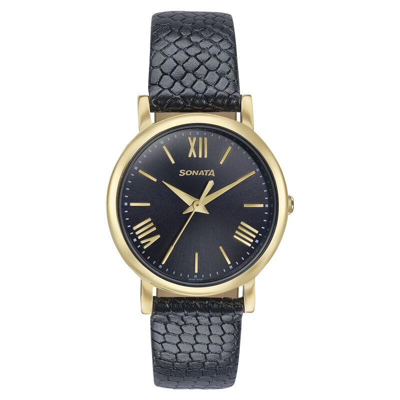 Sonata Glam Gold Quartz Analog Black Dial Leather Strap Watch For Women