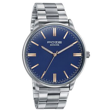 Sonata Poze Quartz Analog Blue Round Dial Silver Metal Strap Watch For Men