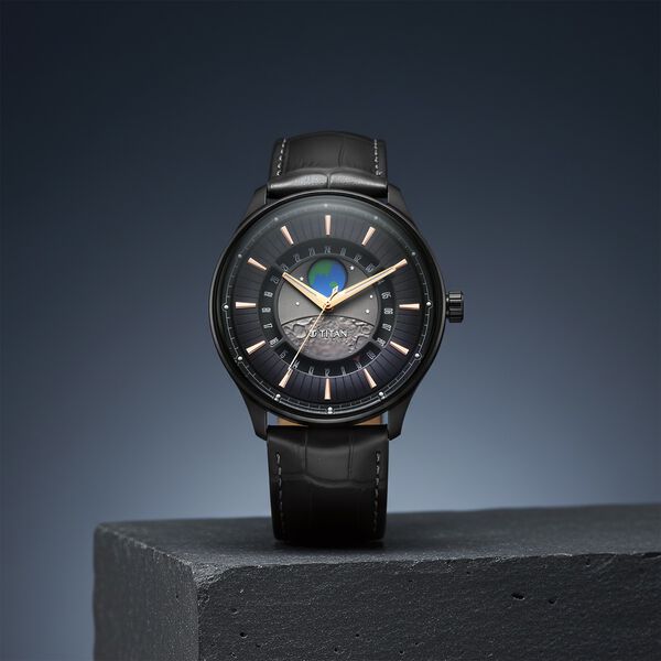 Titan Stellar Analog with Earth Disc and Gray Dial Gray Leather Strap Watch for Men - image number 0
