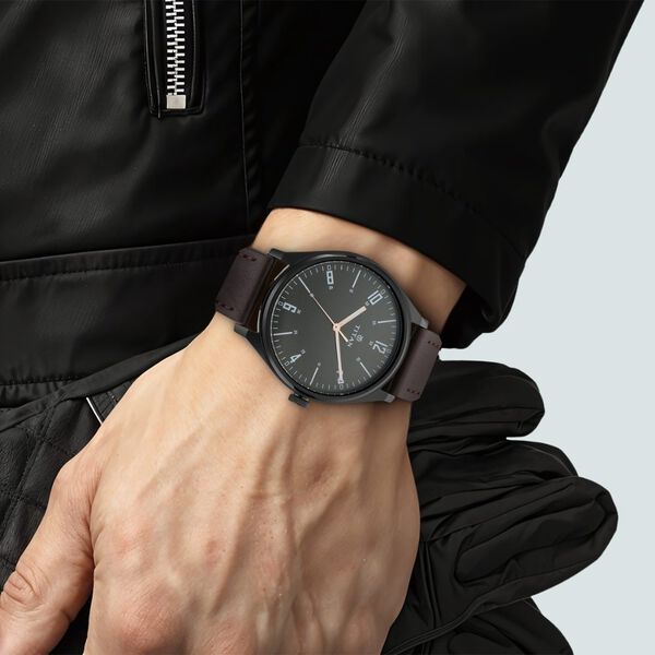 Titan Men's Minimalist Zen Watch Black: Sleek Leather Strap with Contrast Hands - image number 4