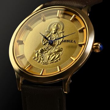 Titan Nebula Divinity 18k Gold Analog with embossed figure of godess Lakshmi Leather Strap Watch for women 