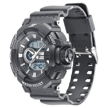 SF Quartz Analog Digital Black Dial PU Strap Watch for Men