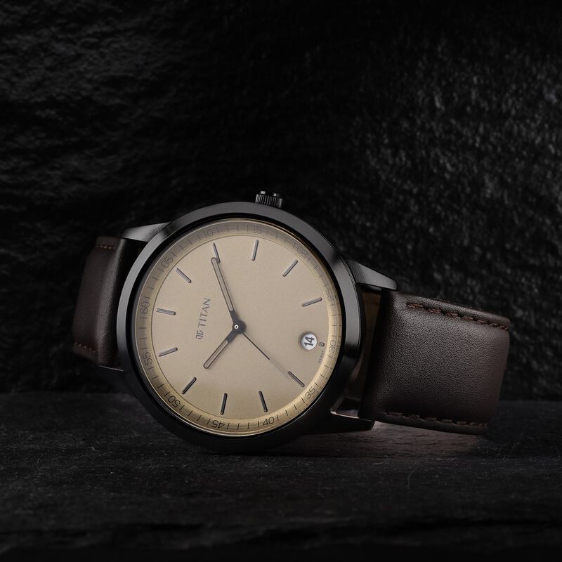 Titan Men's Timeless Style Watch: Refined Gold Dial and Leather Strap - image number 0