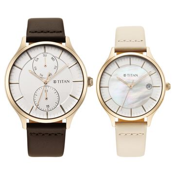 Titan Bandhan White and Mother of Pearl Dial Analog with Date Leather Strap watch for Couple