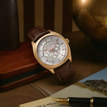 Titan Regalia Arc Analog with Day Date Second Subdial and Silver Dial Brown Leather Strap Watch for Men