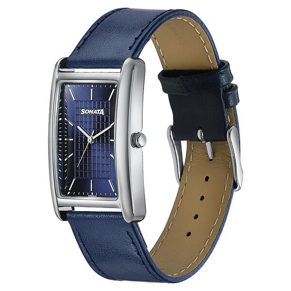 Sonata Ascent Blue Rectangular Watch with Blue Leather Strap - image number 2